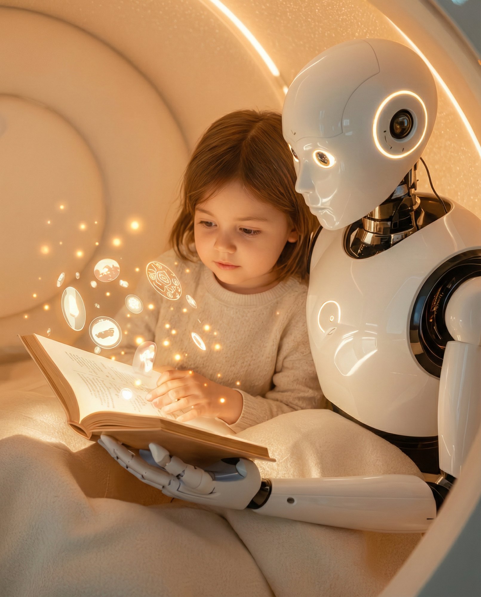 Child reading with AI robot — where technology meets learning